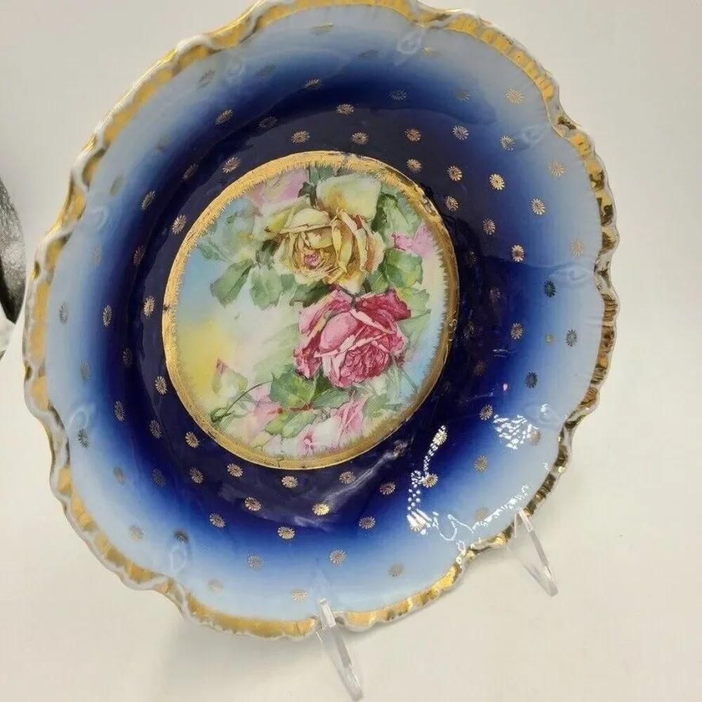 Vintage Victoria Austria Porcelain Bowl Navy Blue Gold Trim Roses Victorian